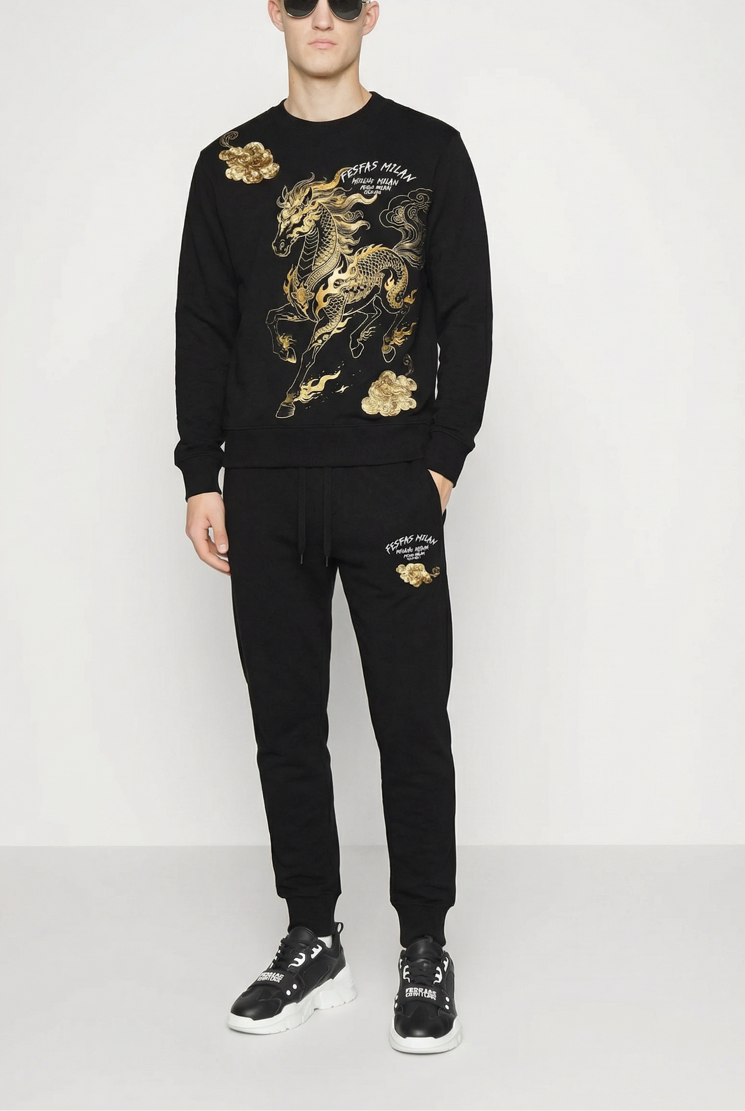 FesFas golden horse-print Sweatshirt Set | Black