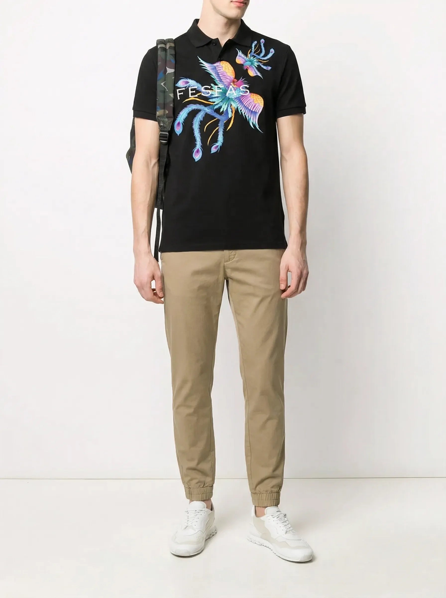 FesFas Peacock-print Polo Shirt | Black