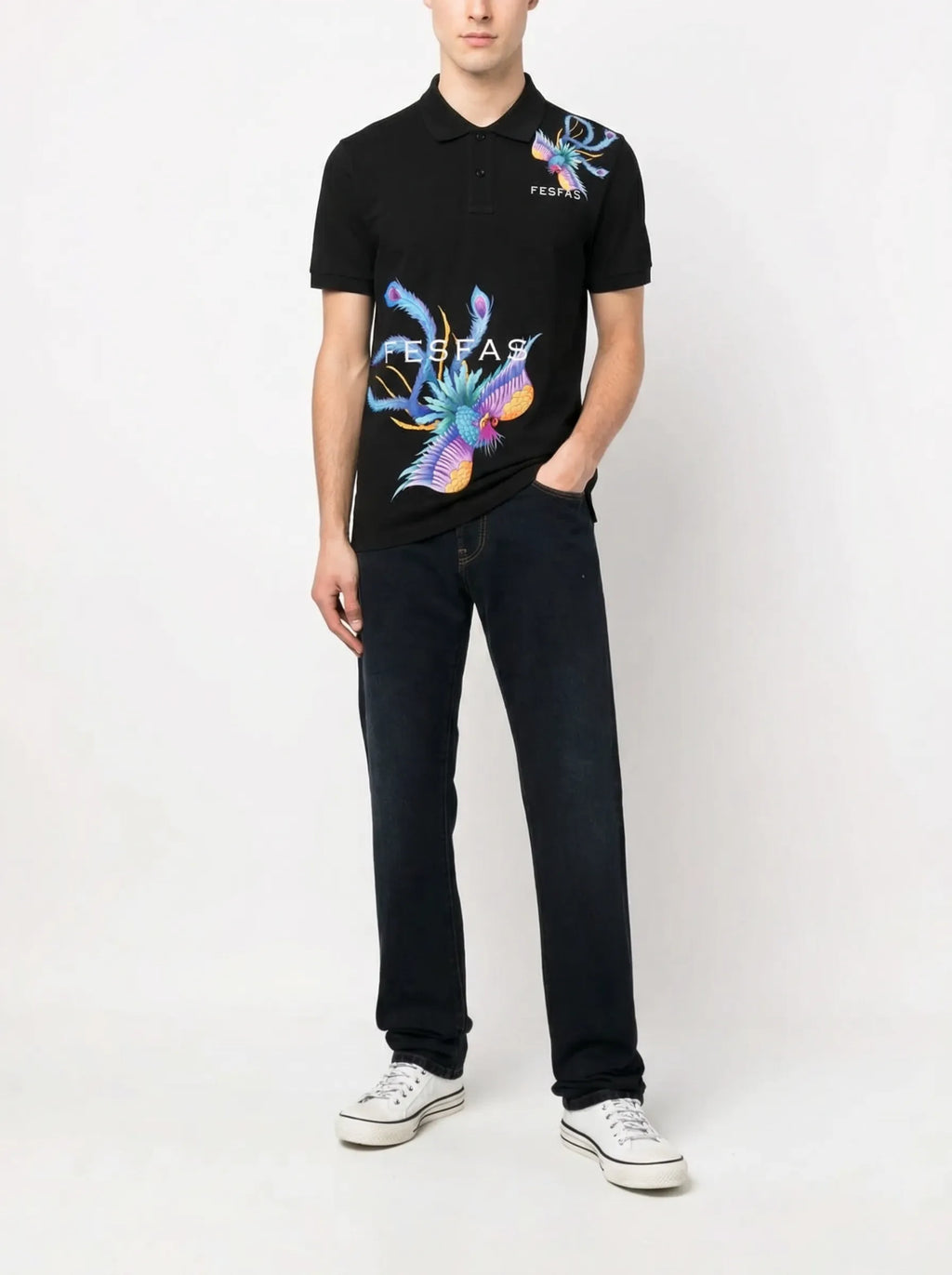 FesFas Peacock-print Polo Shirt | Black