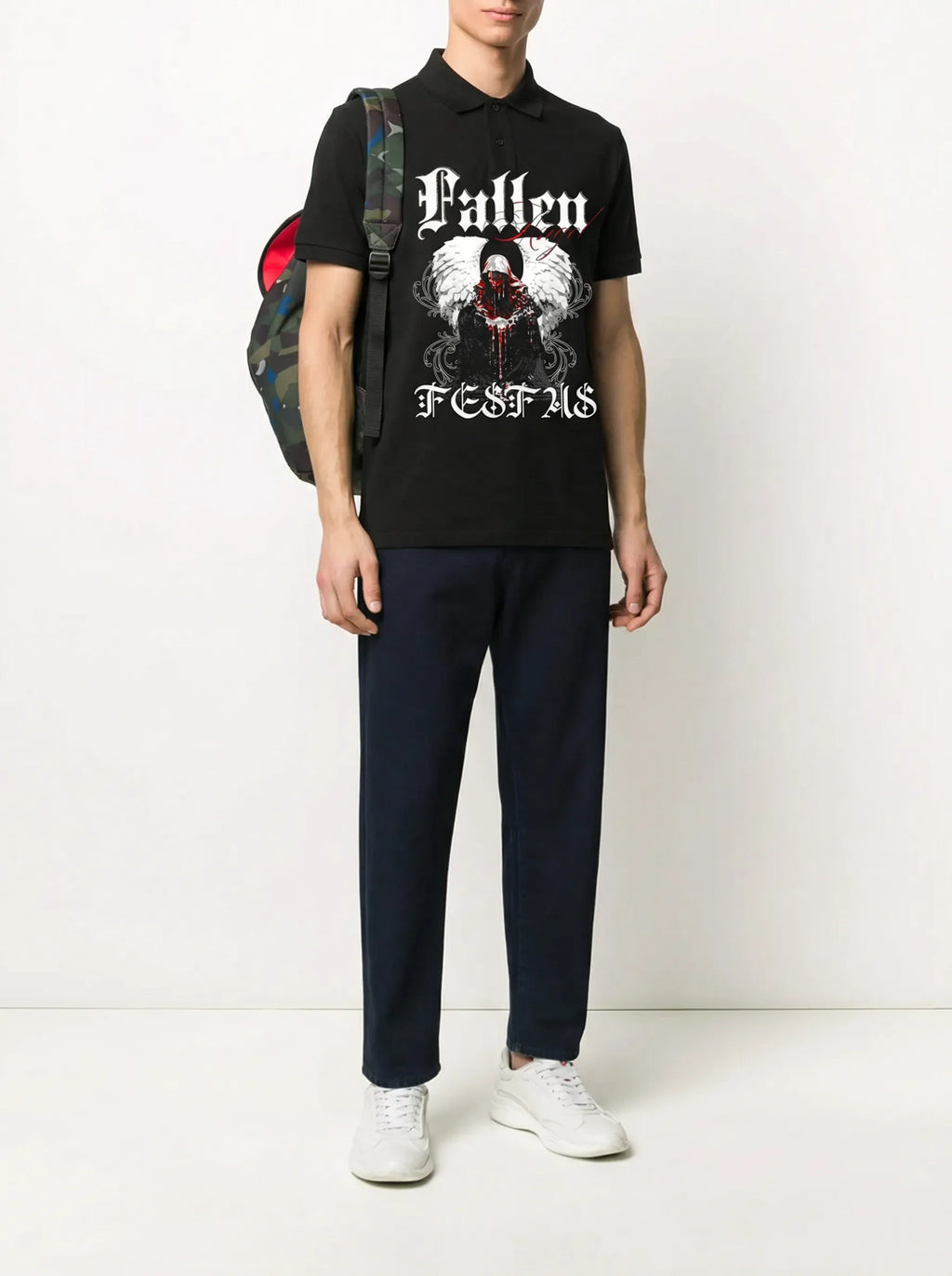 FesFas Angel-print Polo Shirt | Black