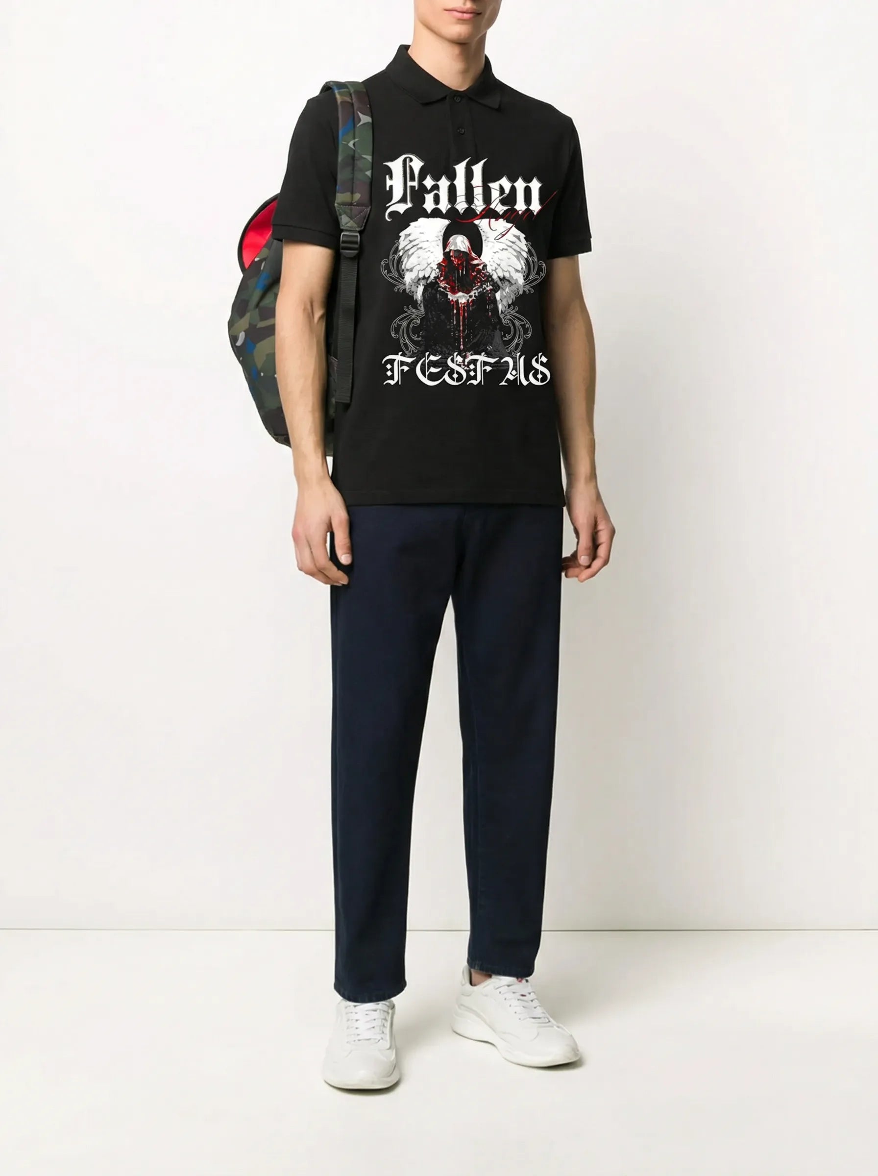 FesFas Angel-print Polo Shirt | Black