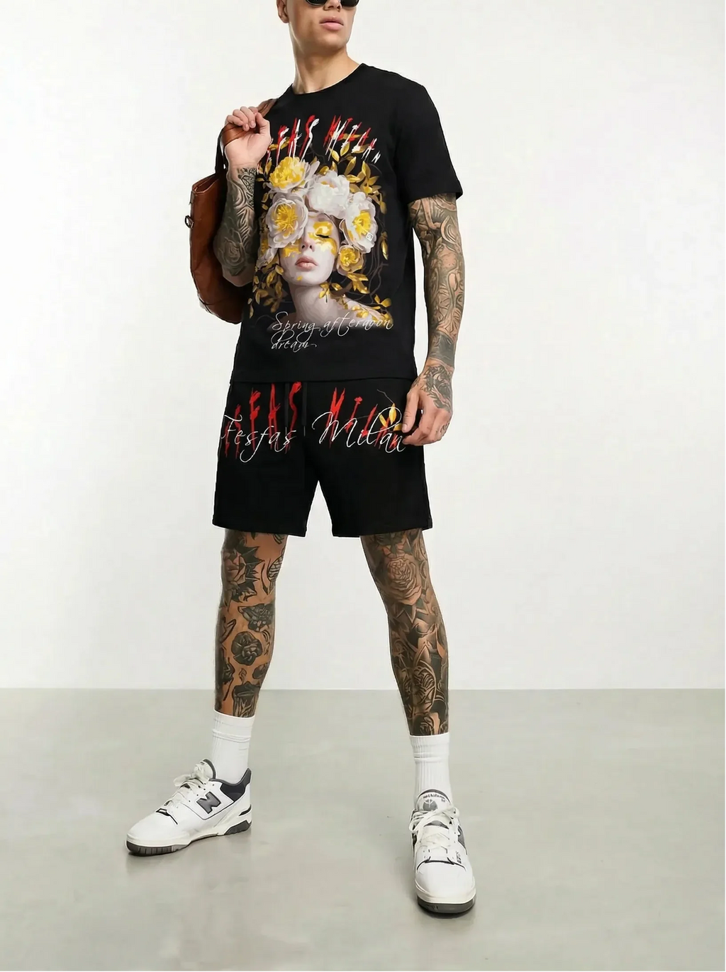 FesFas flower goddess-print T-shirt Set | Black