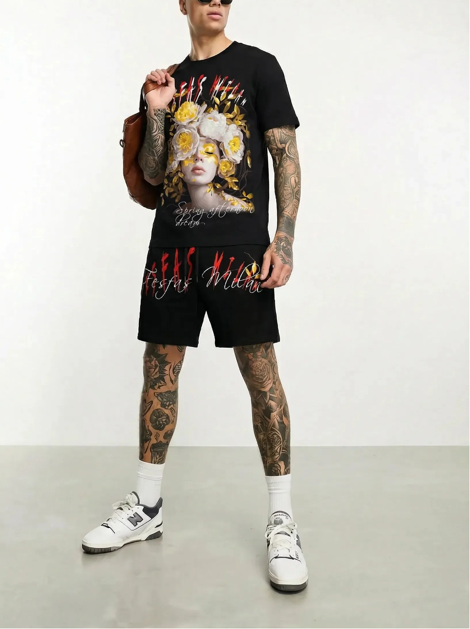 FesFas flower goddess-print T-shirt Set | Black
