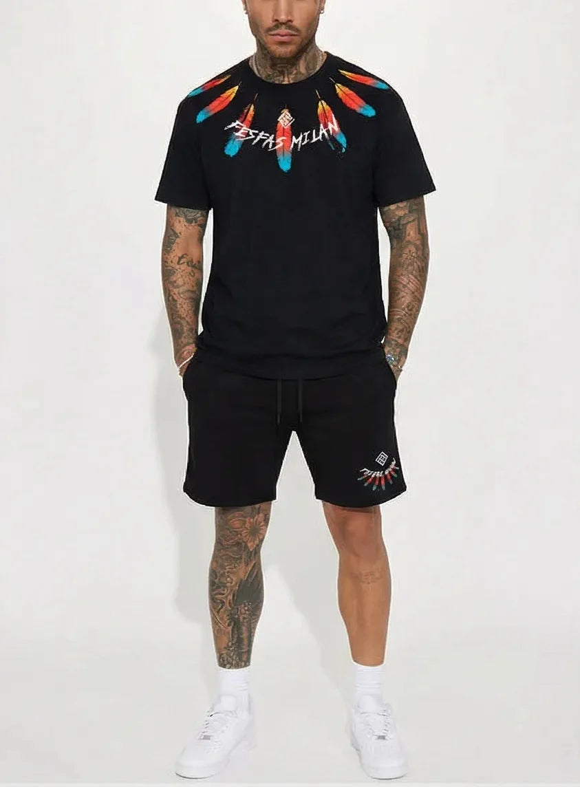 FesFas feathers-print T-shirt Set | Black