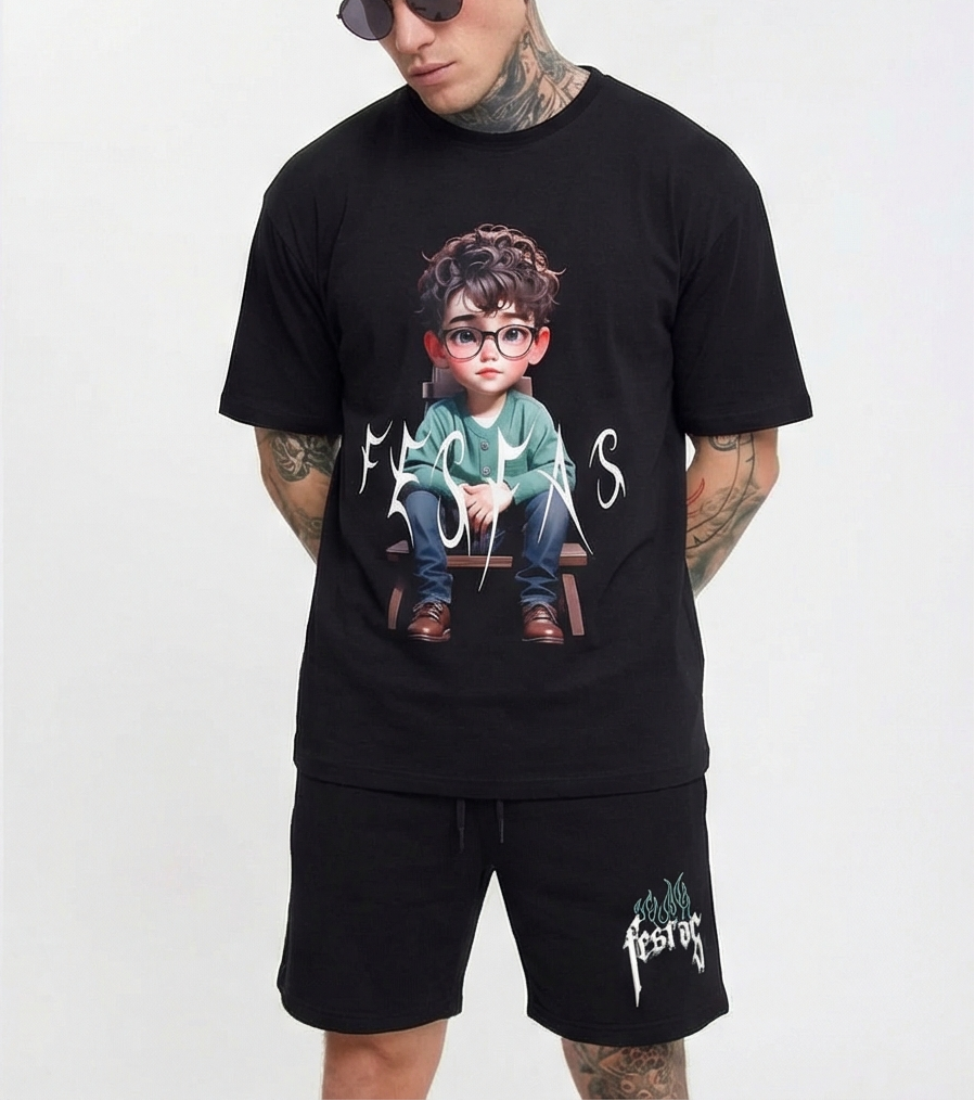 FesFas cute boy-print T-shirt Set | Black