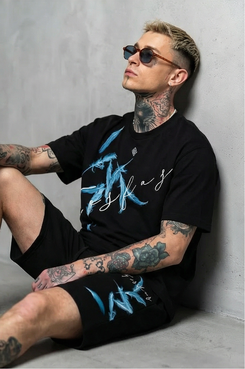 FesFas feathers-print T-shirt Set | Black
