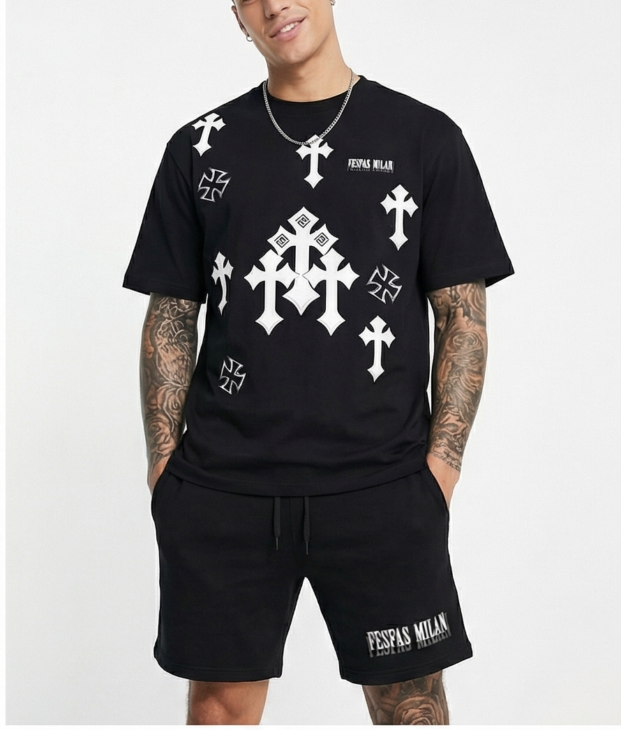 FesFas cross-print T-shirt Set | Black