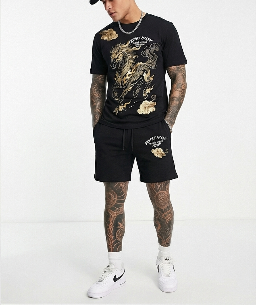 FesFas golden horse-print T-shirt Set | Black