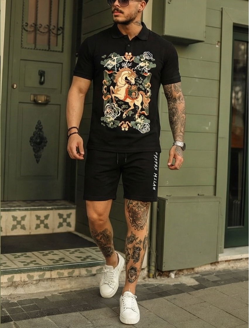 FesFas cloud horse-print Polo Set | Black