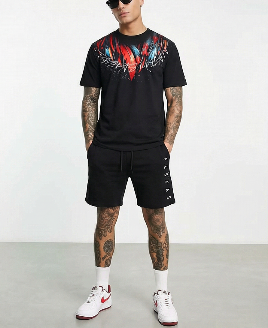 FesFas red feathers-print T-shirt Set | Black