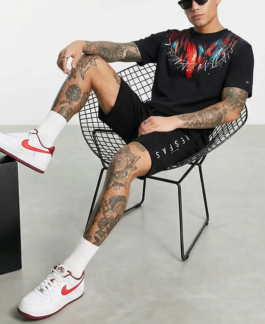 FesFas red feathers-print T-shirt Set | Black