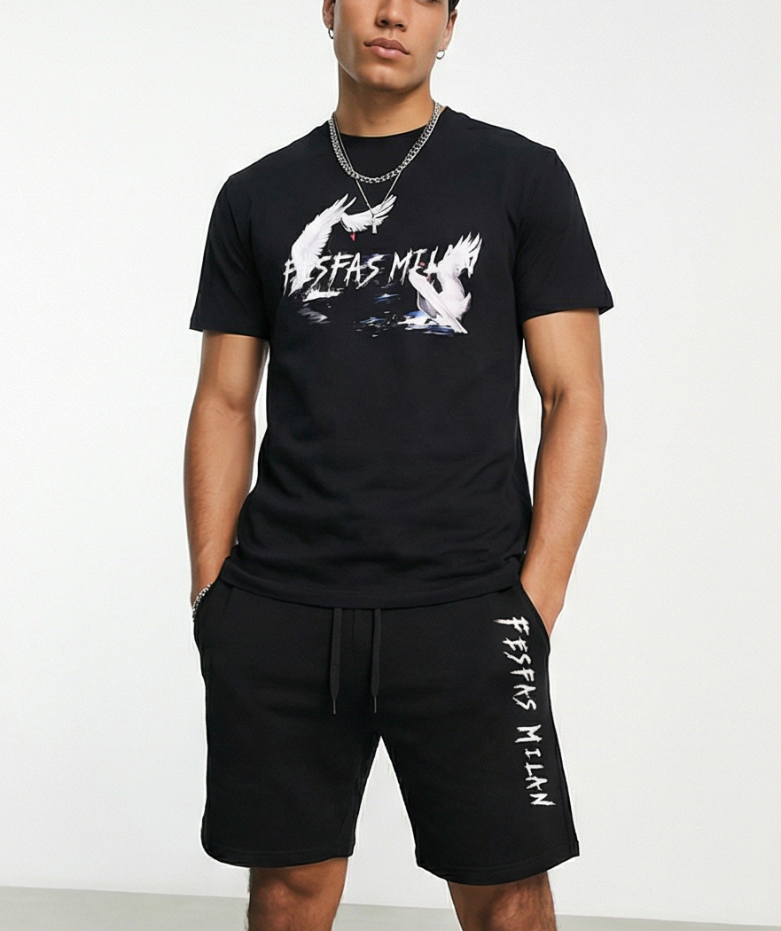 FesFas white crane-print T-shirt Set | Black