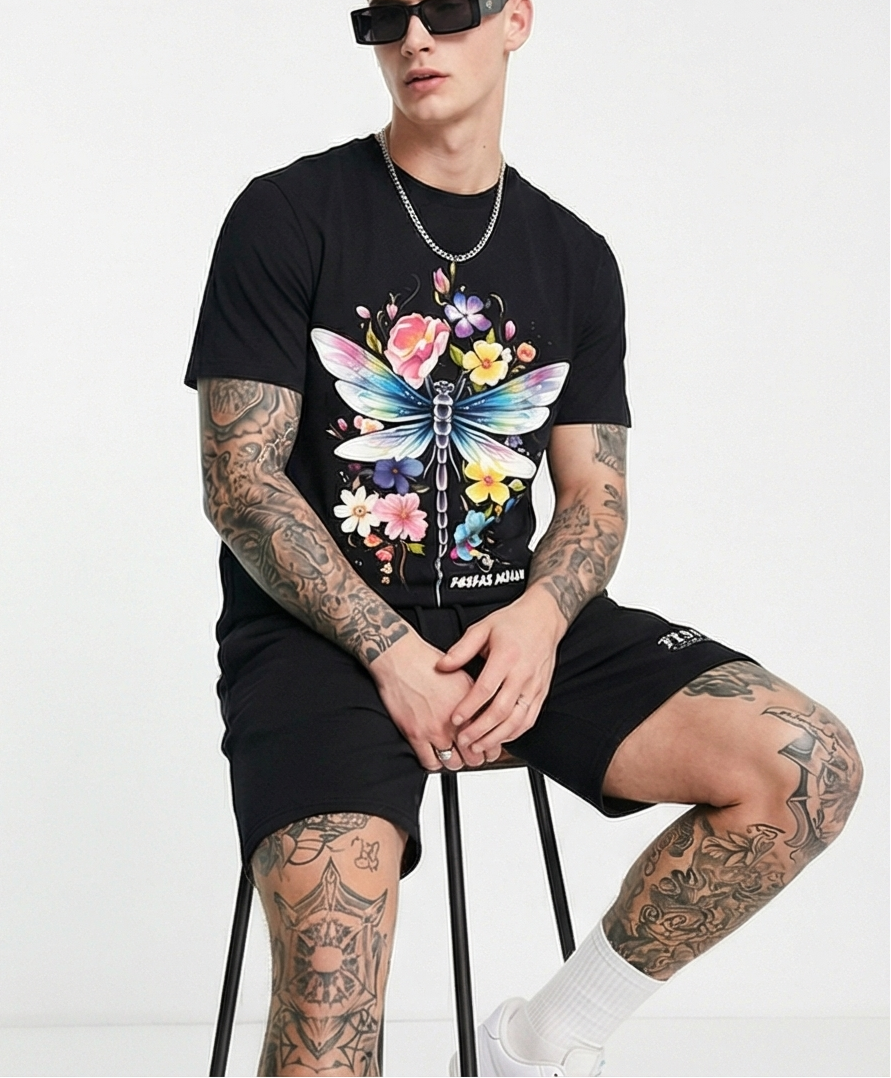 FesFas colorful dragonfly-print T-shirt Set | Black