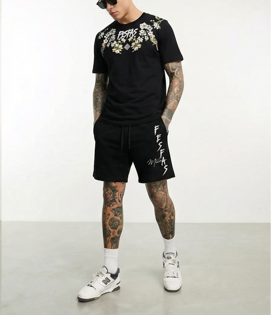 FesFas flowers-print T-shirt Set | Black