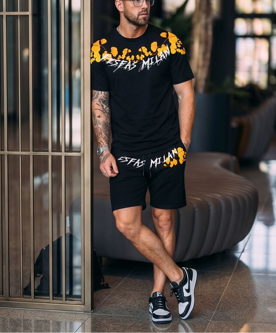 FesFas ginkgo leaves-print T-shirt Set | Black