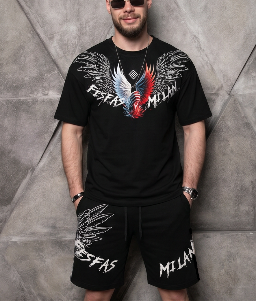 FesFas angle wings-print T-shirt Set | Black | Men