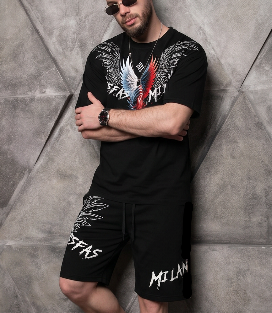 FesFas angle wings-print T-shirt Set | Black | Men
