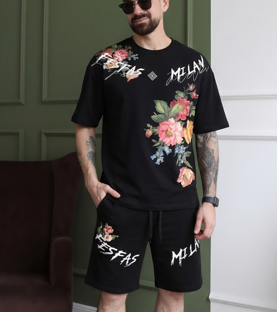 FesFas flowers-print T-shirt Set | Black | Men
