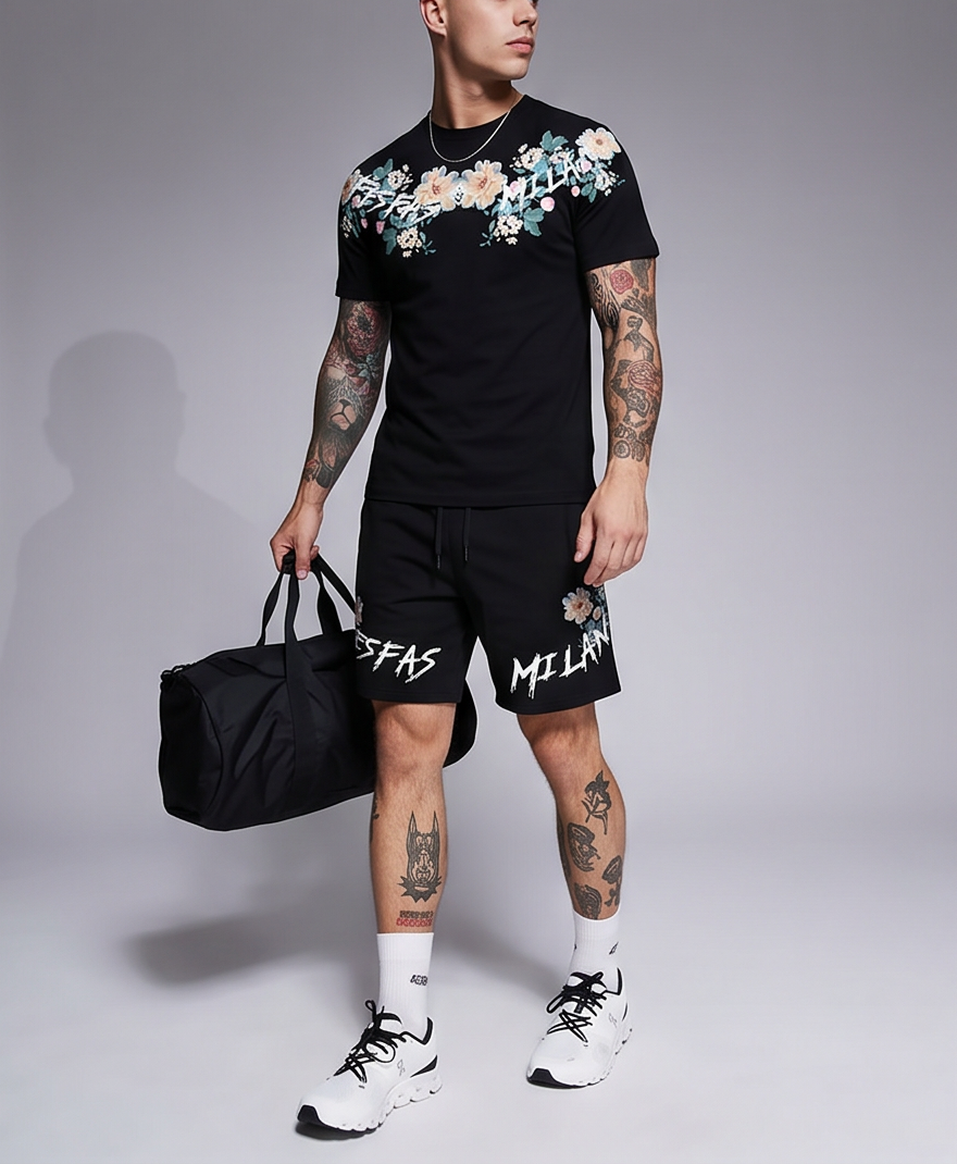 FesFas flowers-print T-shirt Set | Black