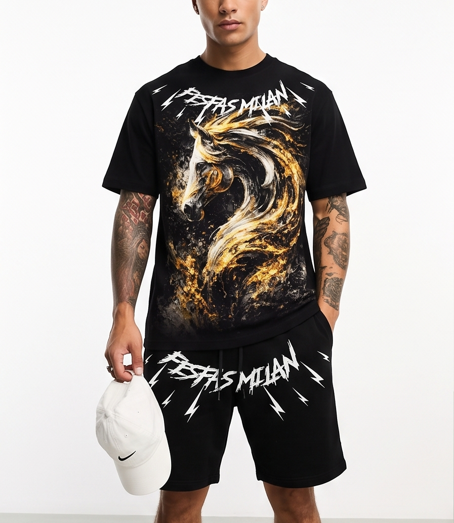 FesFas golden horse-print T-shirt Set | Black