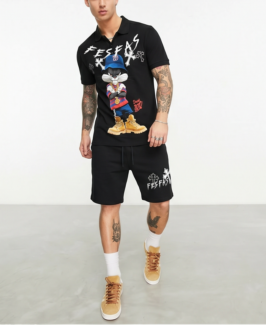FesFas blue cap rabbit-print Polo Set | Black
