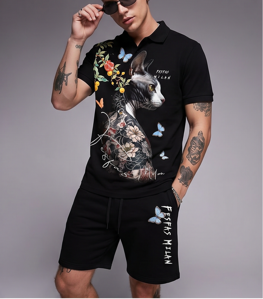 FesFas sphynx-print Polo Set | Black