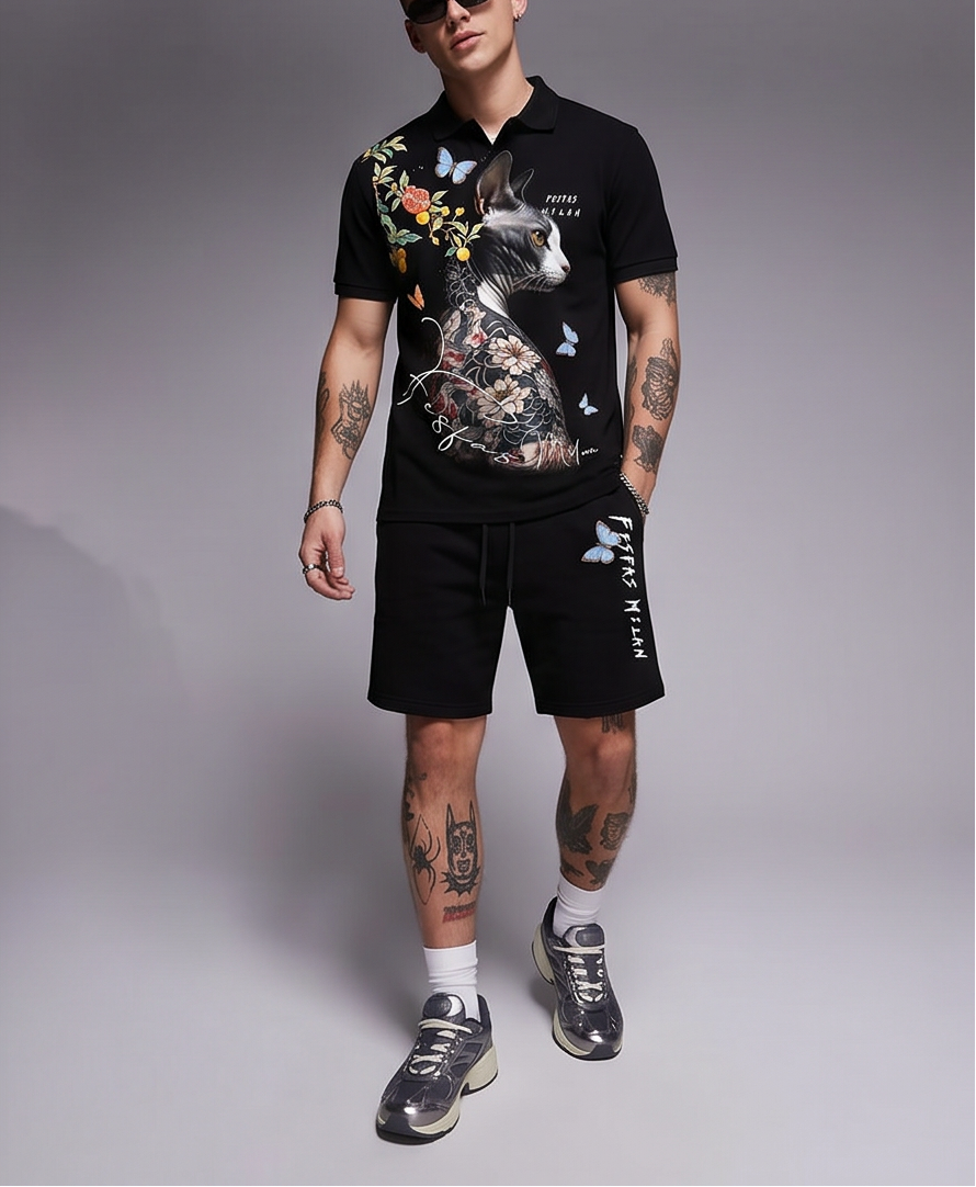 FesFas sphynx-print Polo Set | Black