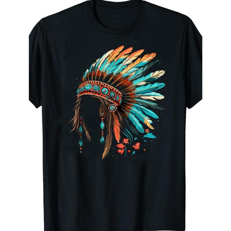 1pc Native American Indian Headdress Graphic T-Shirt for Men, Casual Cotton Tee with Feather Detail, Round Neck, Knit...