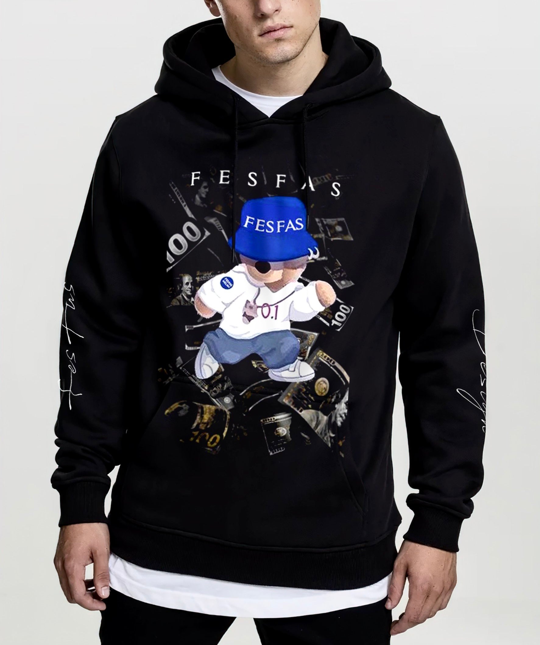 FesFas Hiphop Bear-print Hoodie | Black