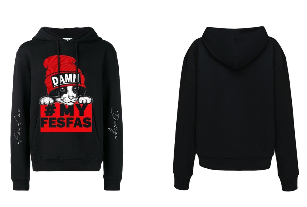 FesFas red cap cat-print Hoodie | Black