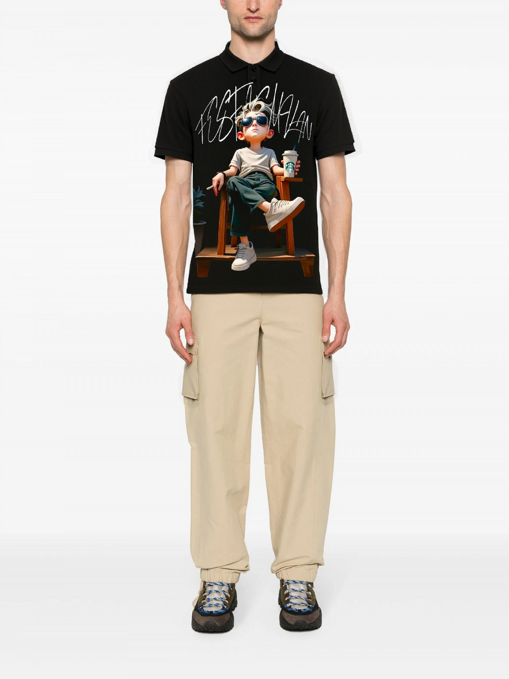 FesFas Relaxed Boy-print Polo Shirt | Black