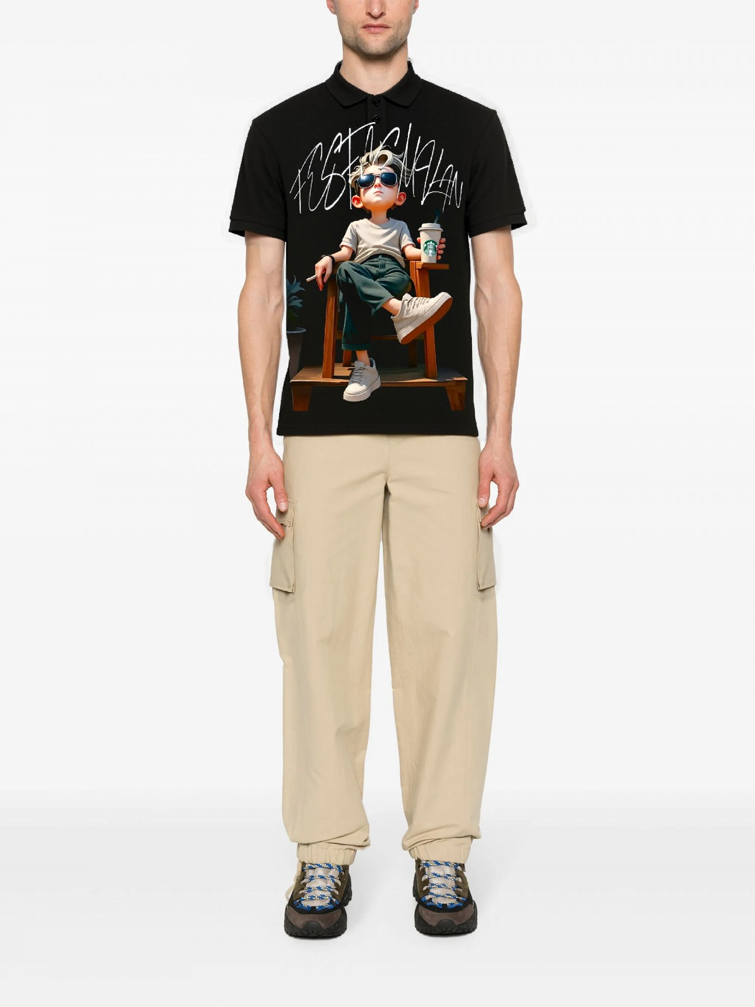 FesFas Relaxed Boy-print Polo Shirt | Black