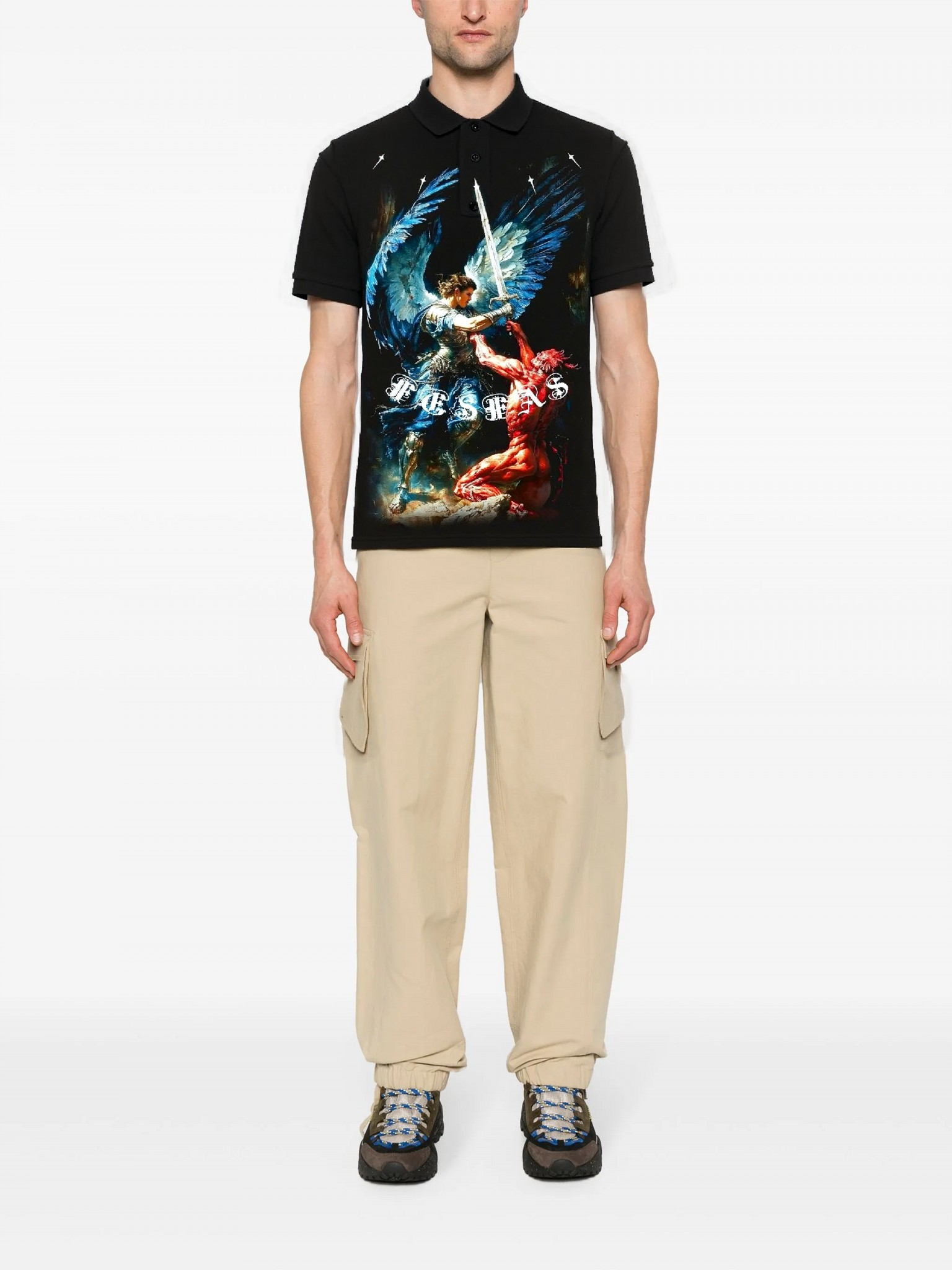 FesFas Angel-print Polo Shirt | Black