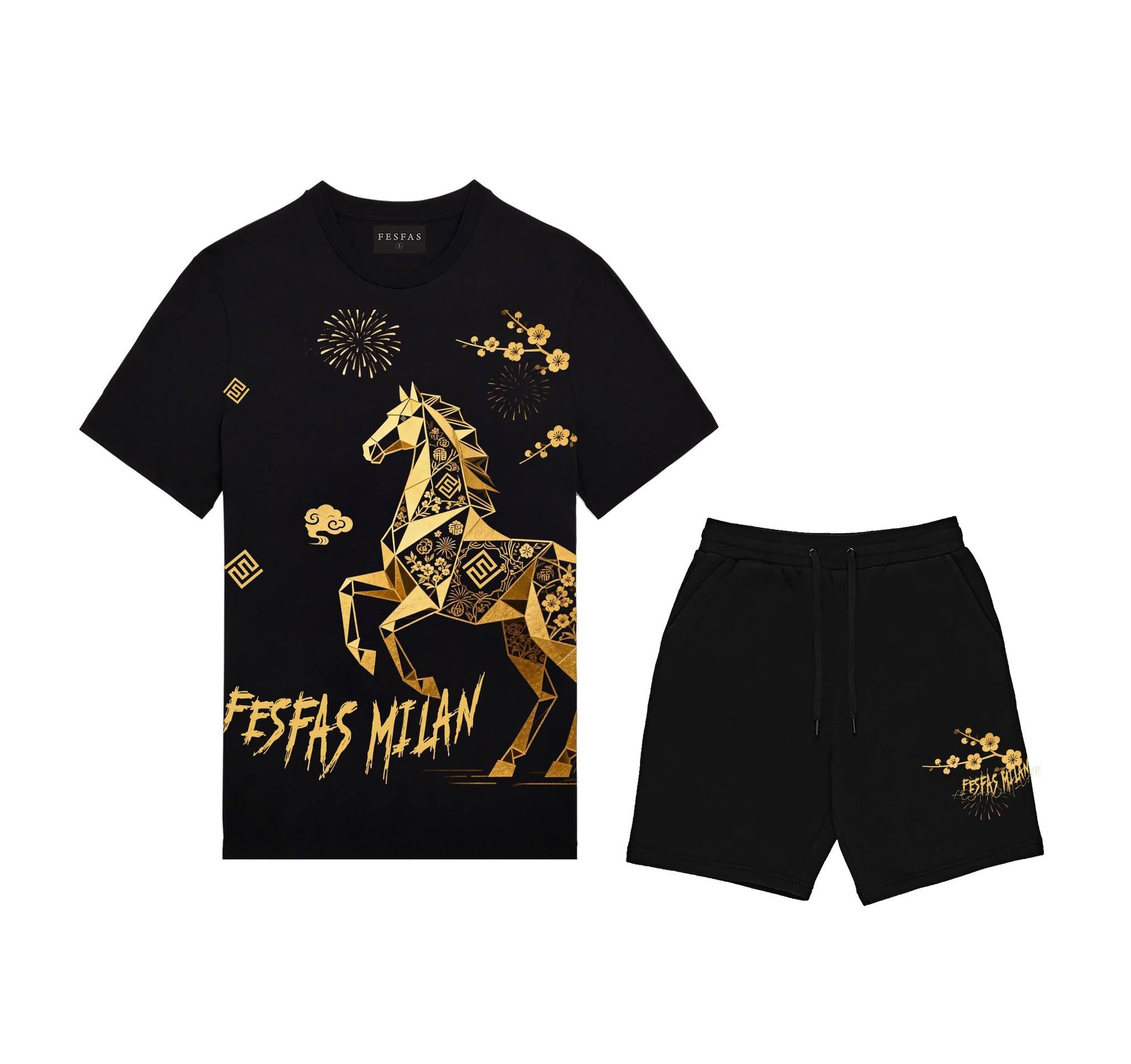 FesFas golden horse-print T-shirt Set | Black