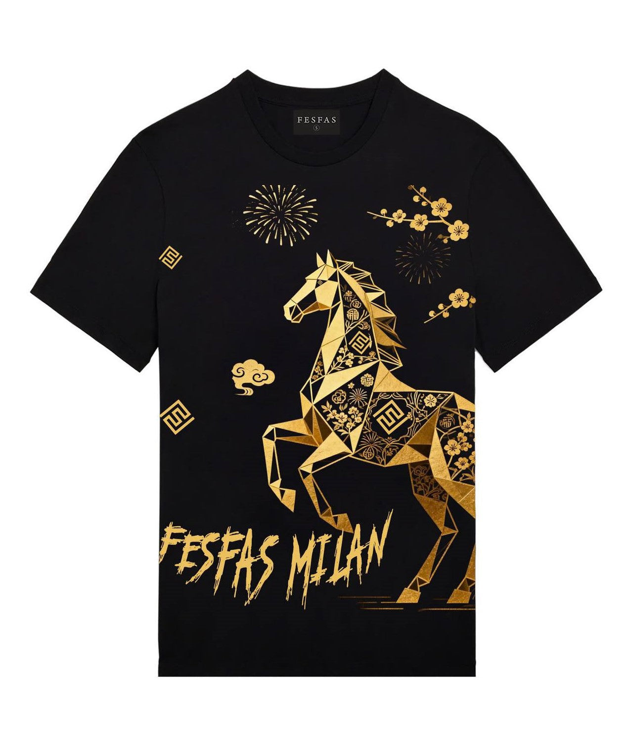 FesFas golden horse-print T-shirt | Black