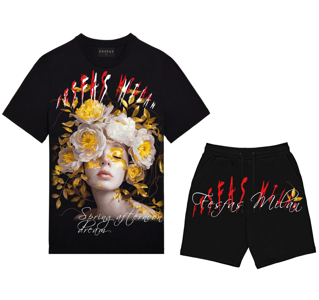 FesFas flower goddess-print T-shirt Set | Black