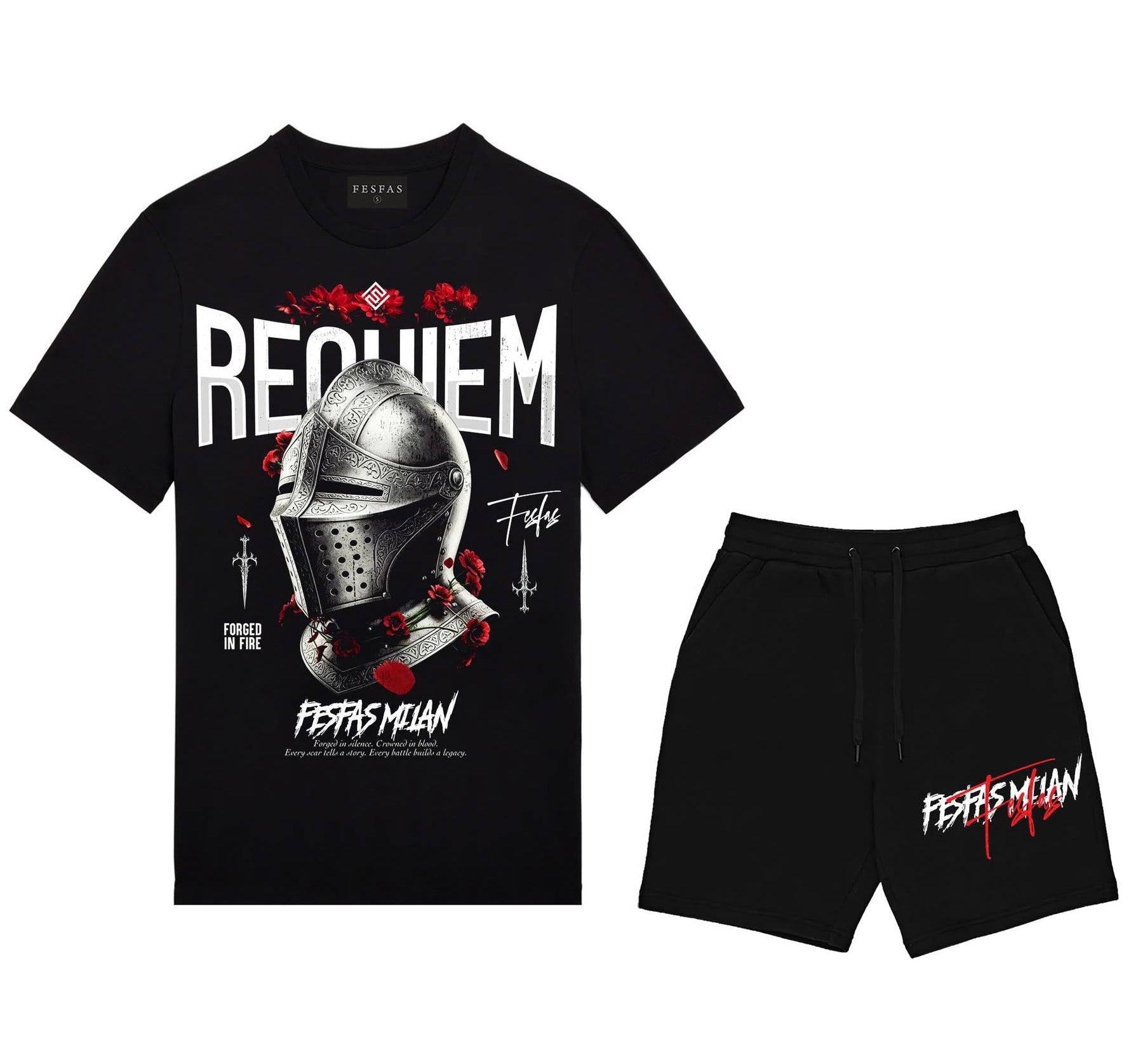 FesFas knight helmet-print T-shirt Set | Black