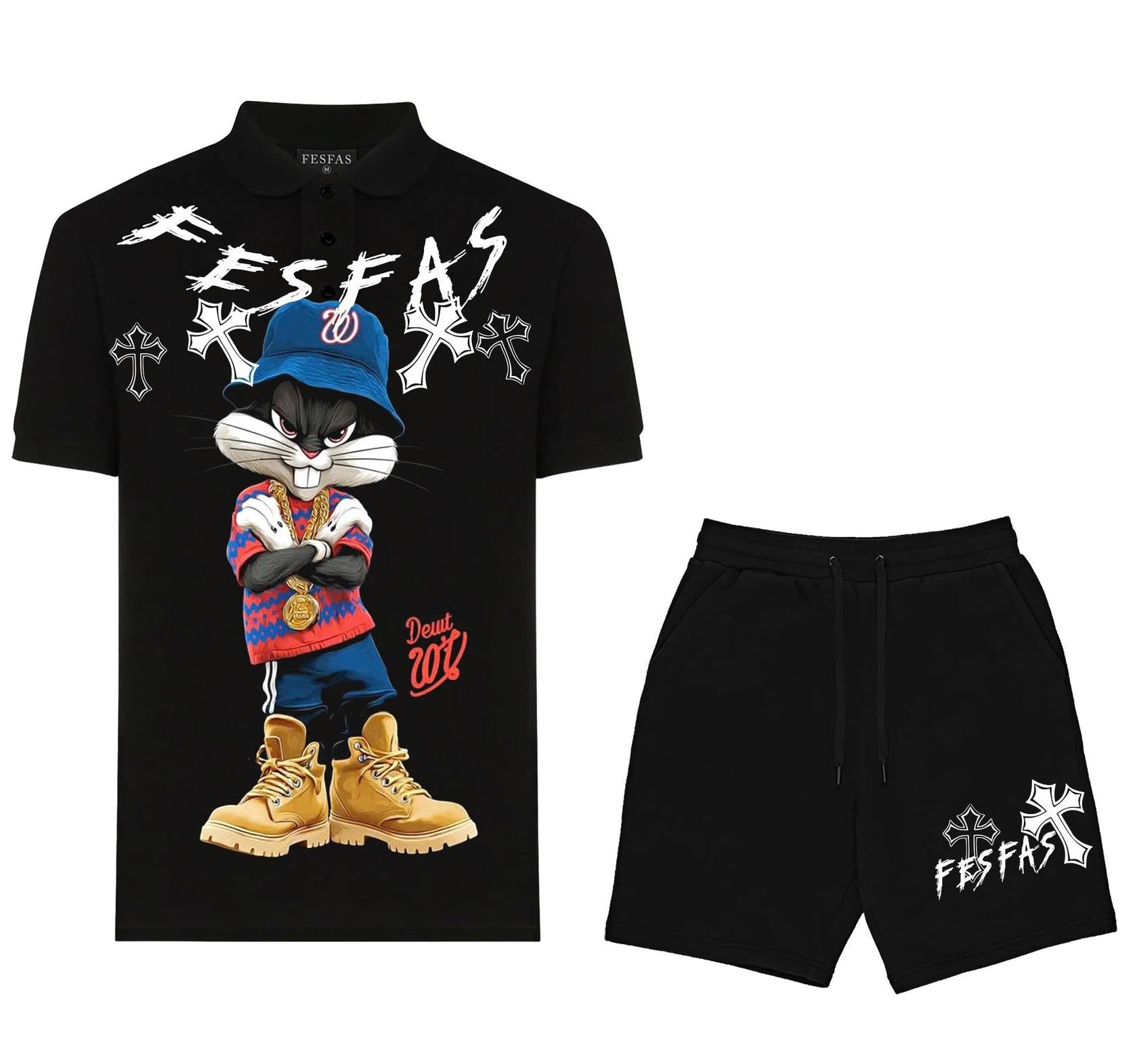 FesFas blue cap rabbit-print Polo Set | Black