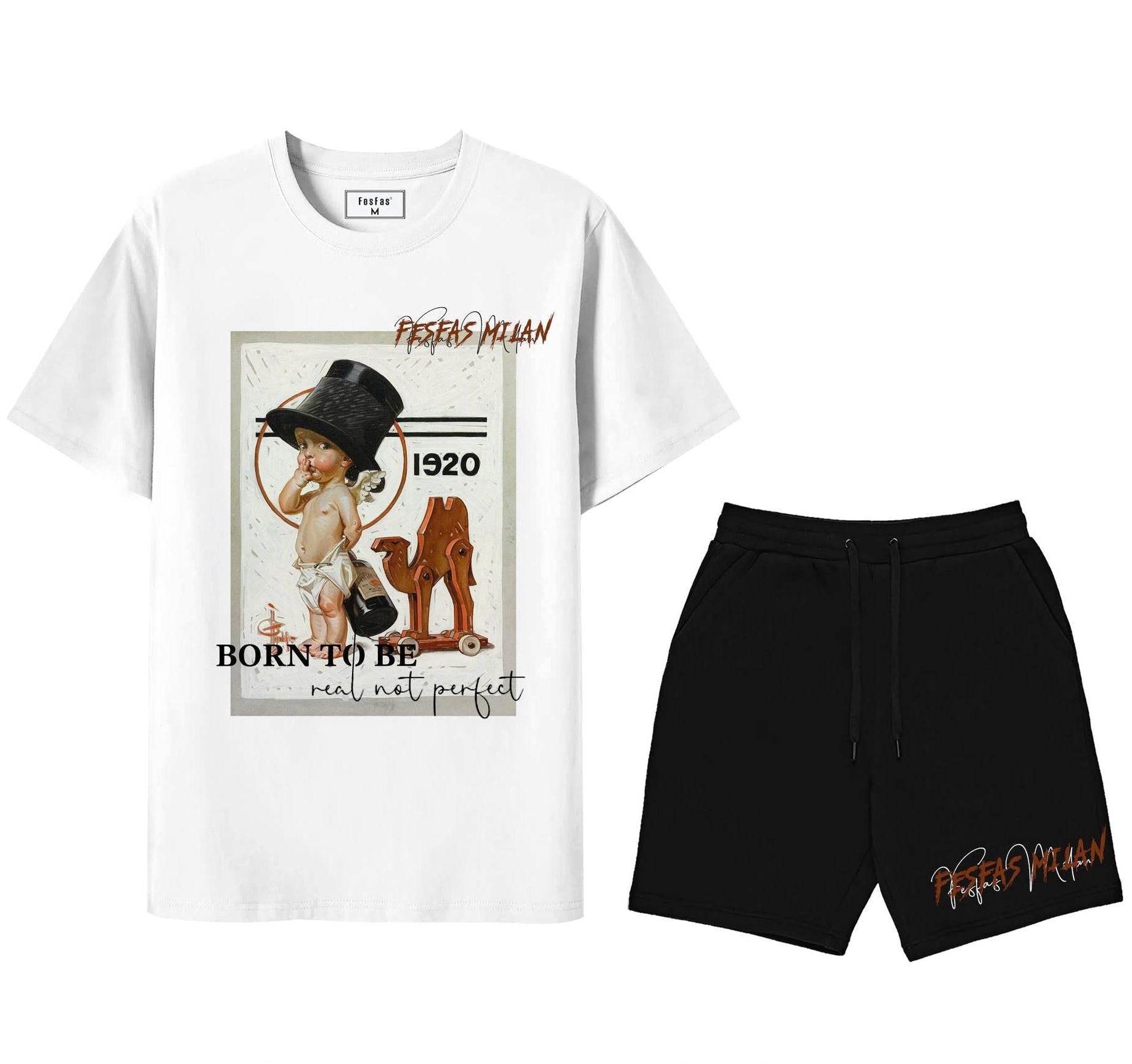 FesFas cute boy-print T-shirt Set | Black & White