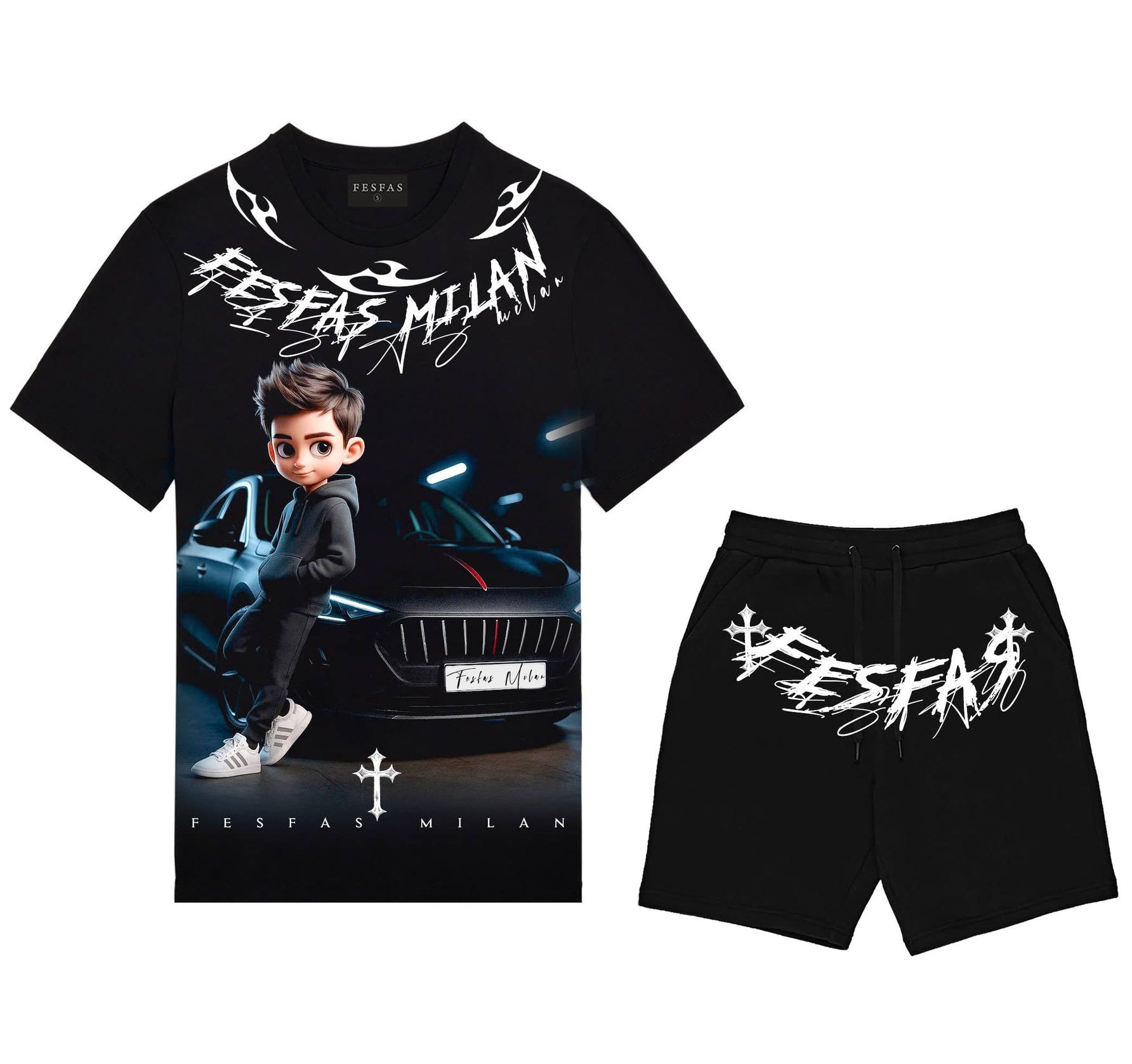 FesFas racing boy-print T-shirt Set | Black
