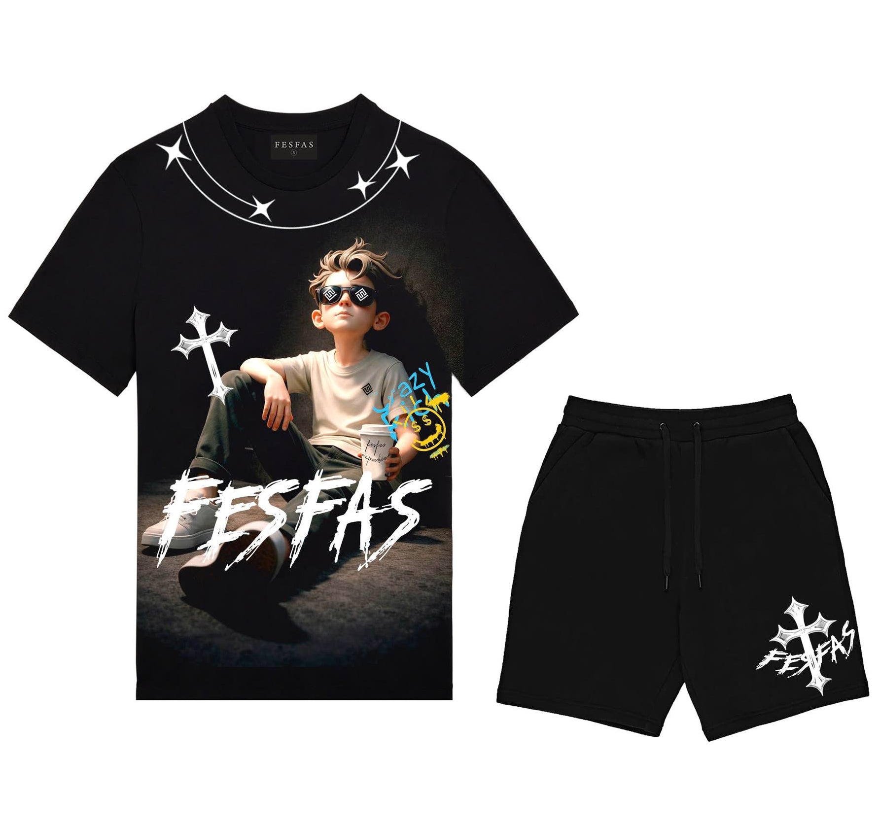 FesFas chill boy-print T-shirt Set | Black