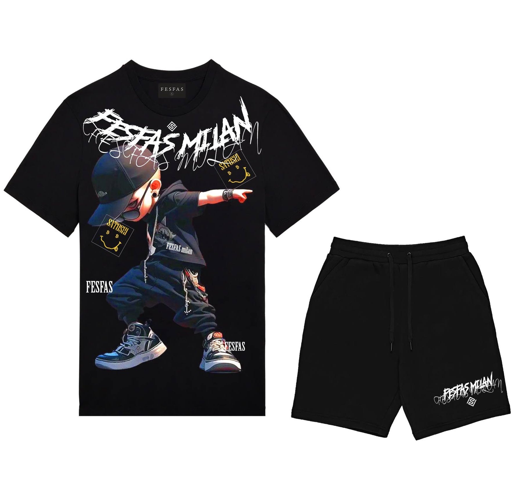 FesFas hiphop boy-print T-shirt Set | Black