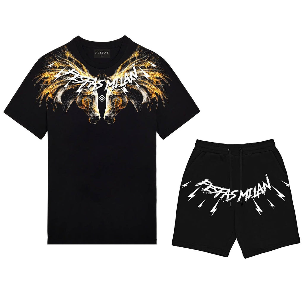 FesFas golden horse-print T-shirt Set | Black