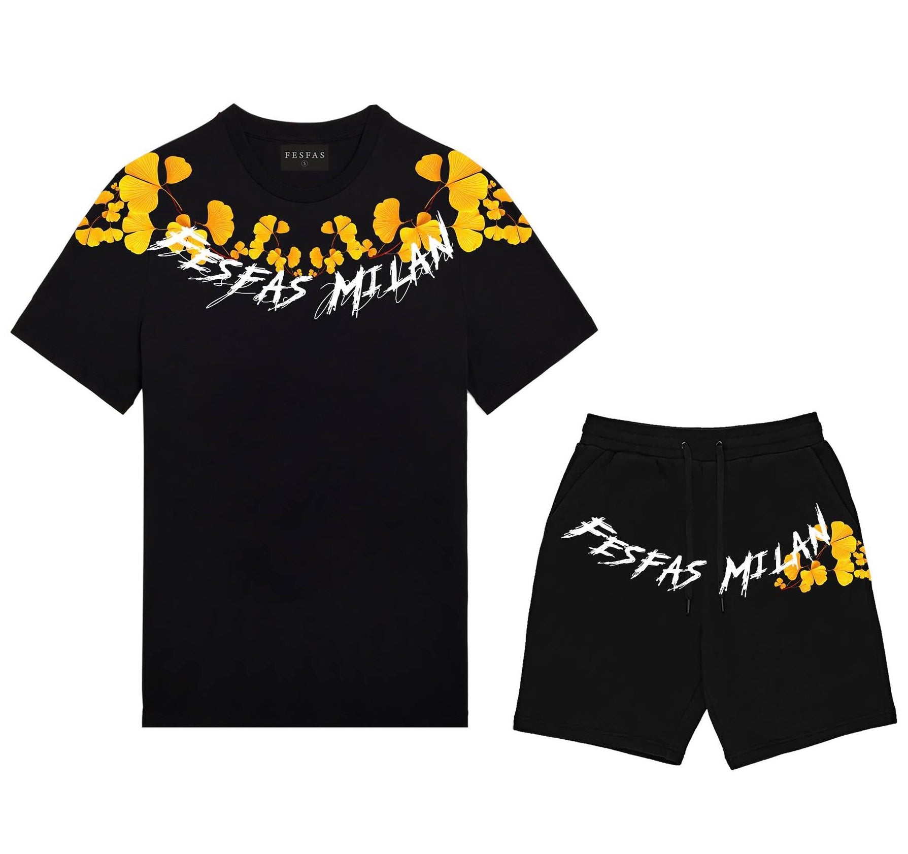 FesFas ginkgo leaves-print T-shirt Set | Black