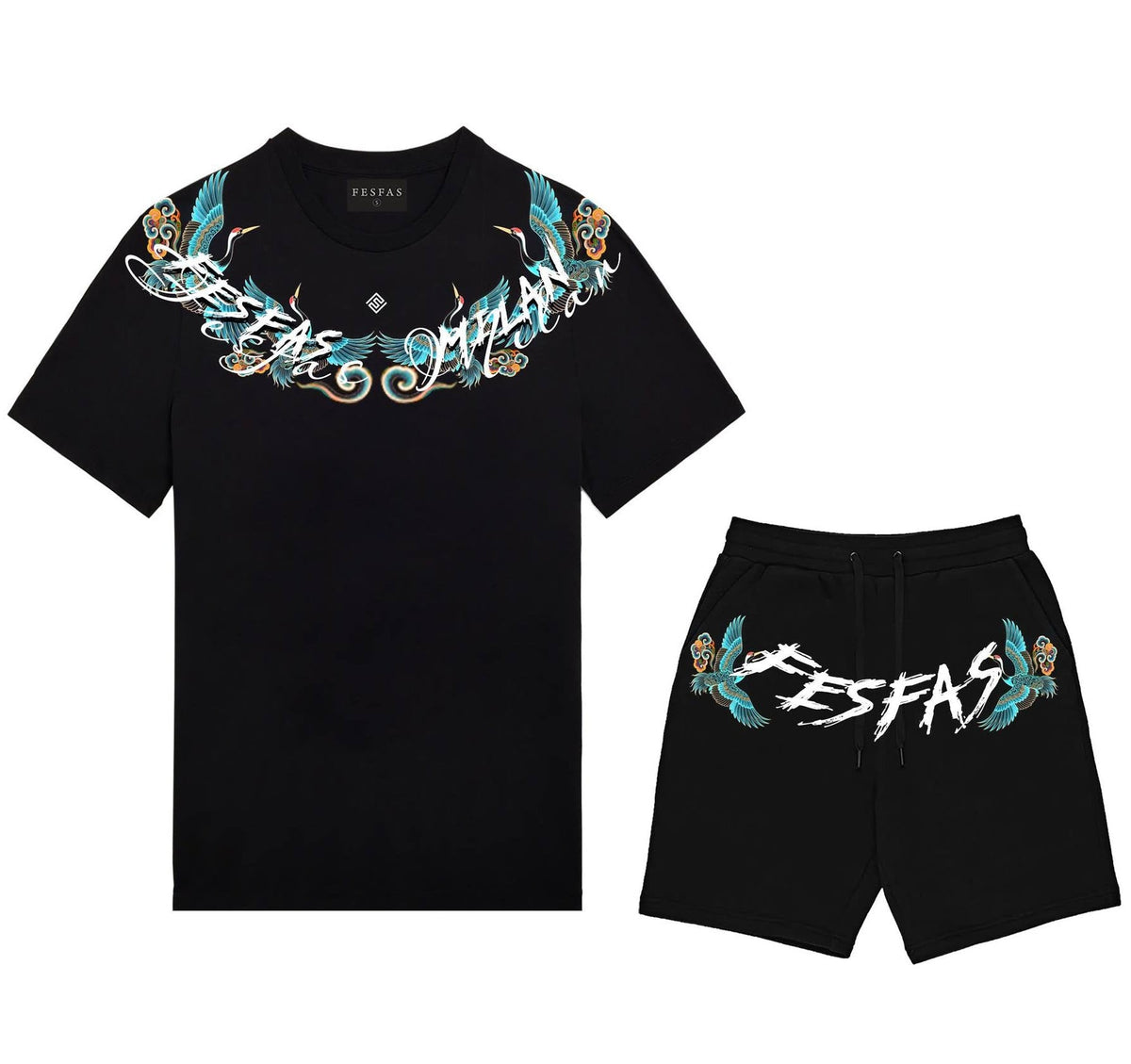 FesFas blue crane-print T-shirt Set | Black