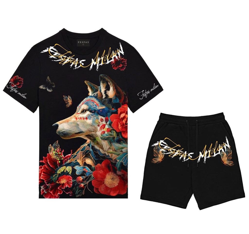 FesFas wolf-print T-shirt Set | Black