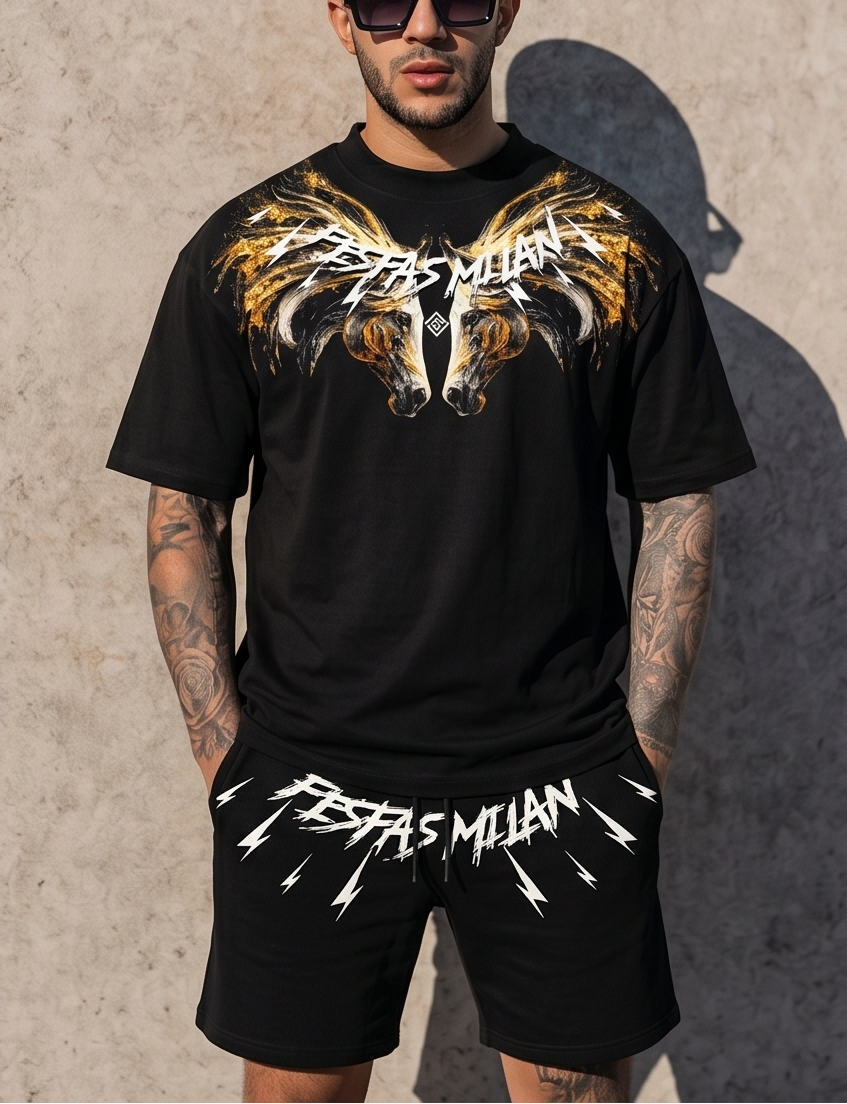 FesFas golden horse-print T-shirt Set | Black