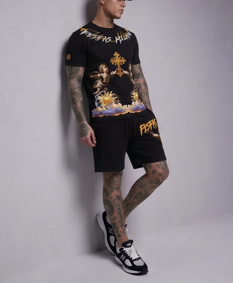 FesFas angels-print T-shirt Set | Black