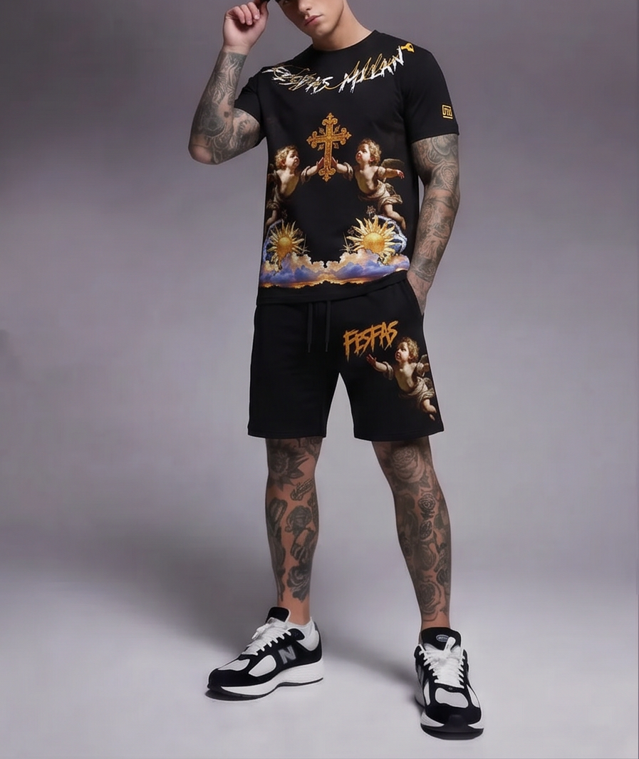 FesFas angels-print T-shirt Set | Black
