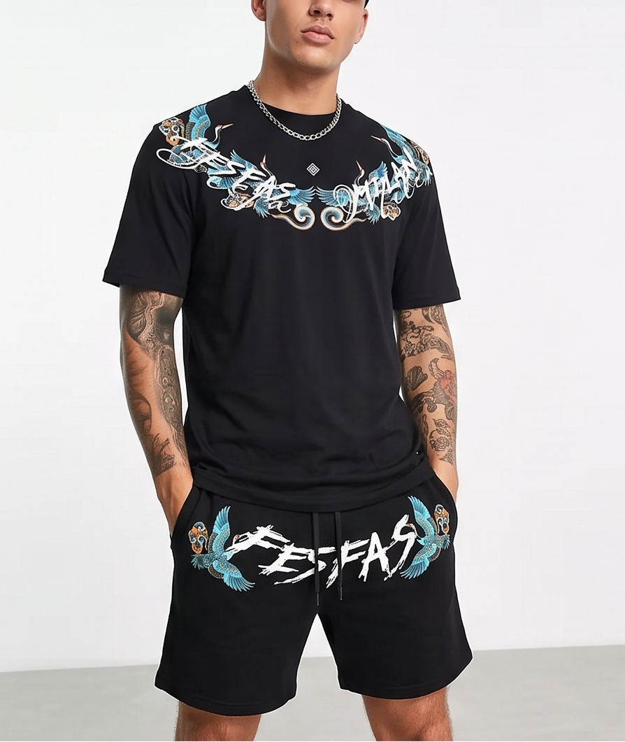 FesFas blue crane-print T-shirt Set | Black